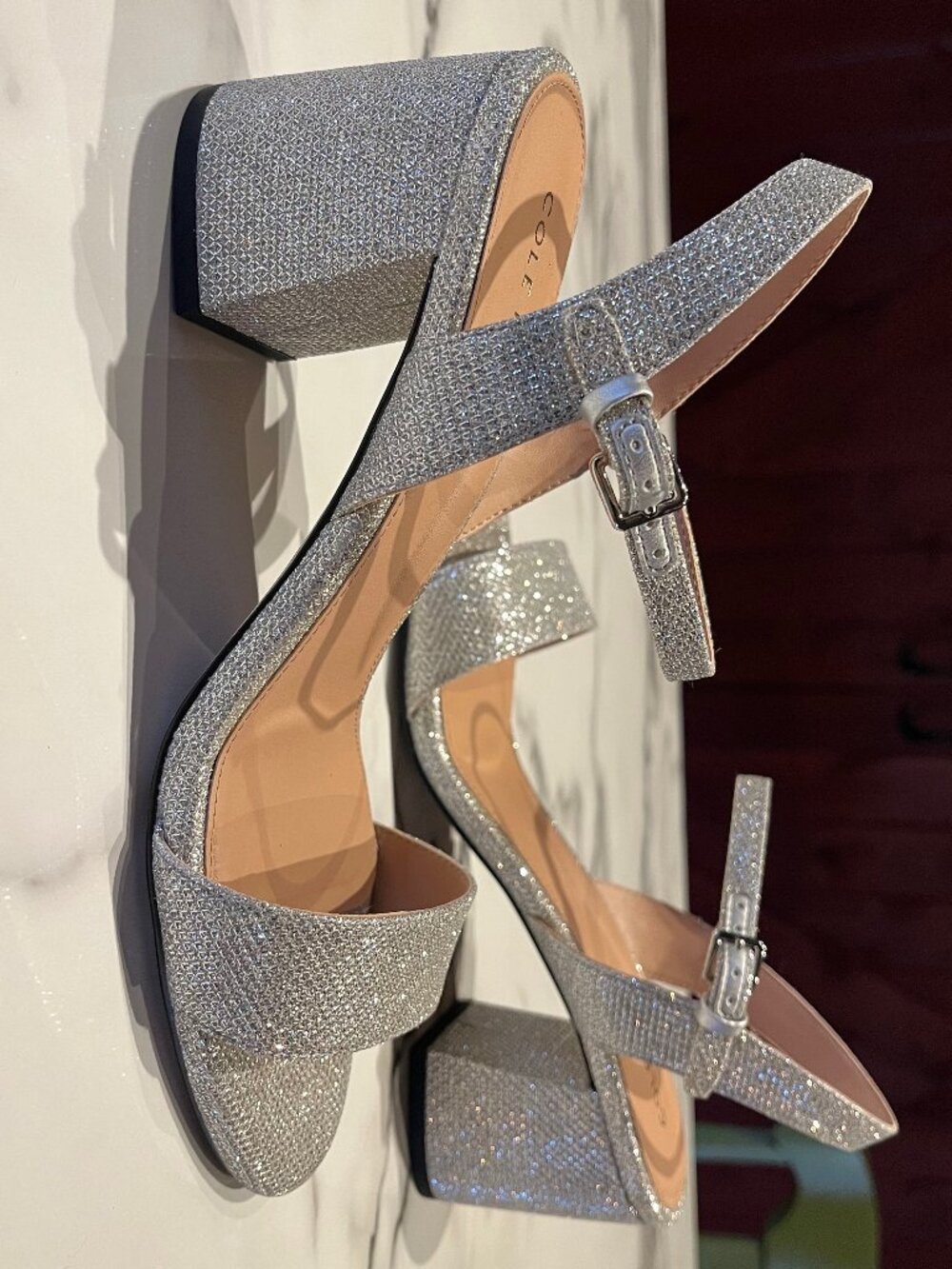 Cole Haan Josie Silver Glitter Block Heel Sandals - Size 7 1/2 - Picture 12 of 13